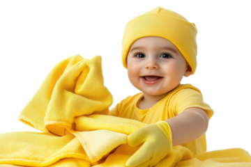 Happy baby wearing a yellow hat and holding a yellow towel isolated on transparent background. Hand in gloves holding yellow polishing microfiber wiper clothes set isolated on white background.