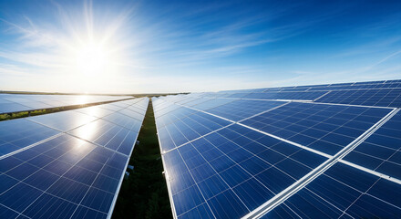 Wide-angle shot of modern solar panels in a large solar farm under a dramatic blue sky with glowing sunlight rays.