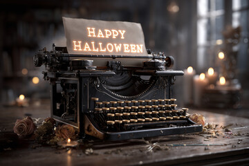 vintage black typewriter on an old wooden desk, a sheet of paper emerging with glowing ghostly words “Happy Halloween” 