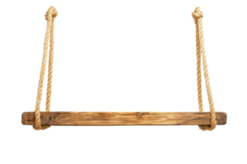 Rustic wooden swing hanging by rope isolated on transparent background. Hanging rope shelf isolated on white background.