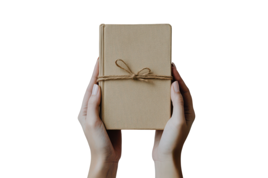 Hands holding a rustic gift box tied with twine isolated on transparent background. Hands holding closed book mockup isolated on white background.