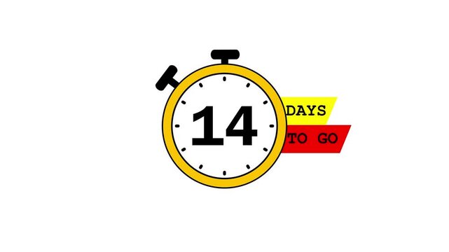 14 days to go, countdown timer animation, stopwatch running numbers, 14 days left reminder, motion graphics preparation video, flat digital countdown with white and green screen background
