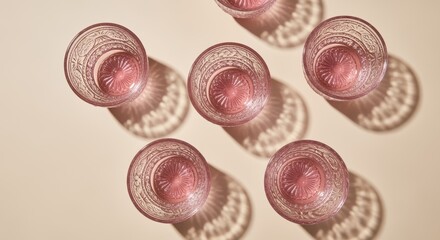 Elegant pink glass tumblers with intricate radial patterns cast dramatic shadows on a neutral beige surface. The vintage-style glassware features detailed geometric designs and warm rose tones.