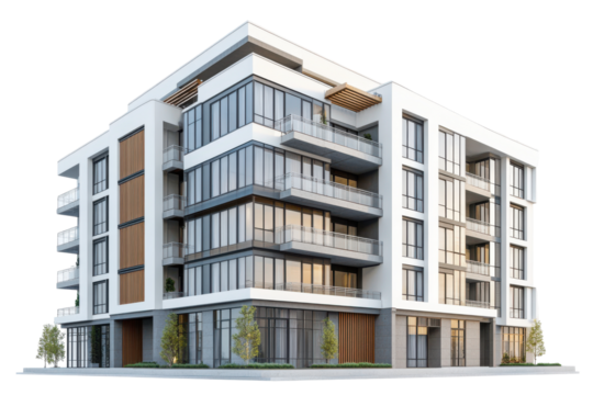 Modern luxury apartment building isolated on transparent background. High rise residential with trendy stylish flats isolated on white background.