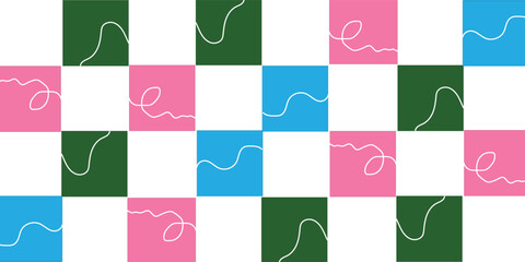 A colorful checkerboard pattern with curved white lines overlaying the squares.