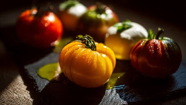 Rich hues of freshly harvested heirloom tomatoes, prepared with a touch of culinary elegance and artfully arranged for a stunning gourmet food display