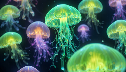 Obraz premium A group of jellyfish swim in the dark sea with green and purple bioluminescence