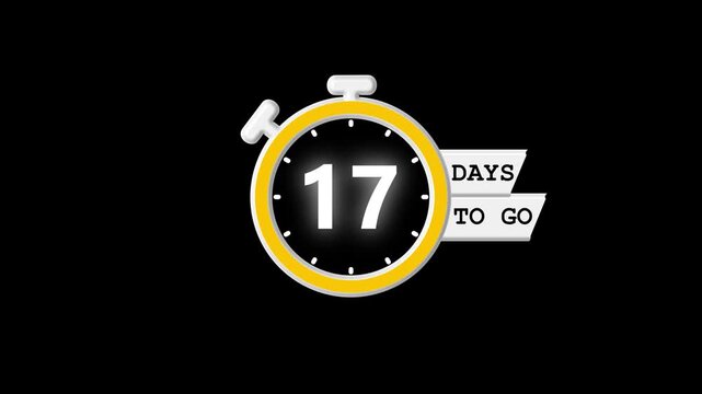 Countdown timer animation, 17 days to go reminder, stopwatch timer video, simple motion graphics countdown design, digital event preparation clock