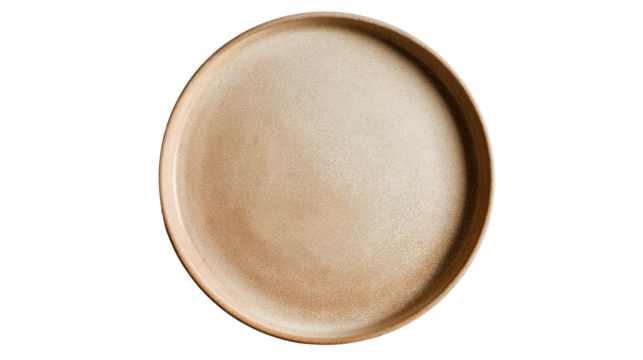 Minimalist pottery plate in soft beige tones, top view on white isolated on a Transparent background, PNG file.