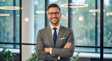 Fototapeta premium Confident businessman in grey suit and blue tie stands with crossed arms in modern office. Professional executive wearing glasses displays warm smile in corporate environment.