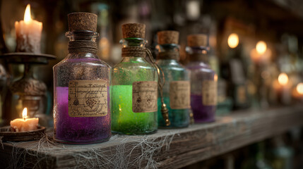 artistic close-up of vintage glass potion bottles filled with glowing green and purple liquids, cork stoppers sealed with wax, labels with mysterious runes, placed on an old wooden apothecary shelf