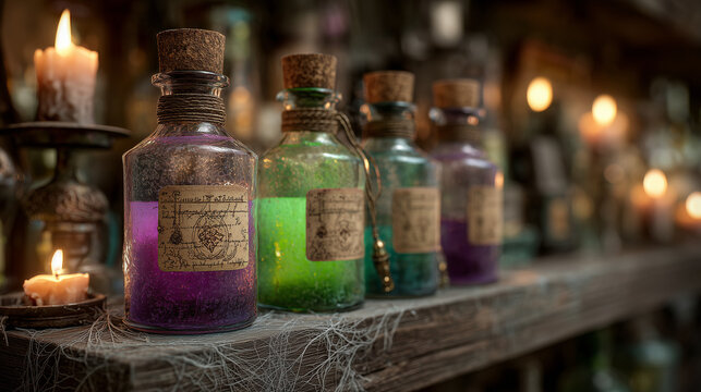 artistic close-up of vintage glass potion bottles filled with glowing green and purple liquids, cork stoppers sealed with wax, labels with mysterious runes, placed on an old wooden apothecary shelf - Powered by Adobe
