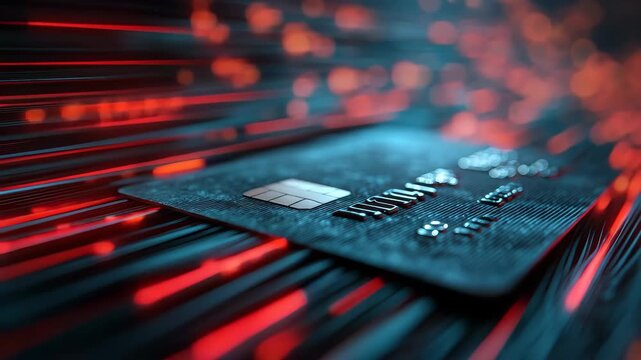 Close up of a modern credit card showcasing detailed design elements with a futuristic glowing background