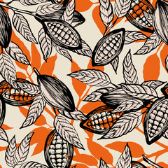 Cocoa vector seamless pattern. Vintage style illustration. Chocolate cocoa beans. Vector illustration