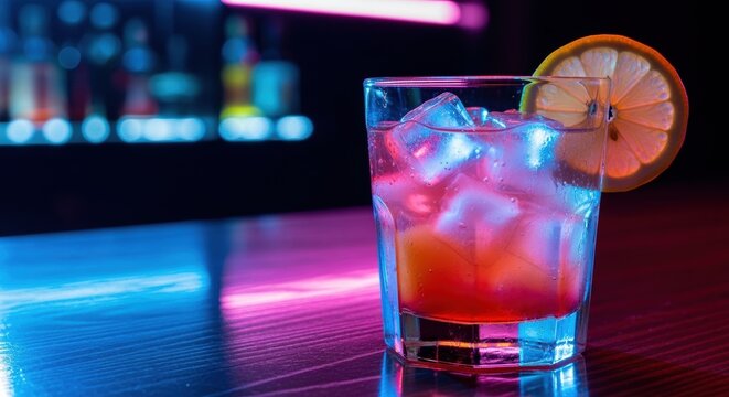 Colorful cocktail with orange slice garnish on reflective bar surface under vibrant neon lights. Ice cubes float in gradient pink-orange liquid. Perfect for nightlife and beverage marketing.