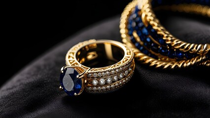 Shiny Diamond and Gold Jewelry on Black Velvet Background