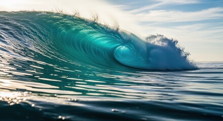 Powerful ocean wave curling into a perfect barrel shape with turquoise water and white foam spray. Sunlight illuminates the translucent wave creating stunning blue-green colors against a cloudy sky.