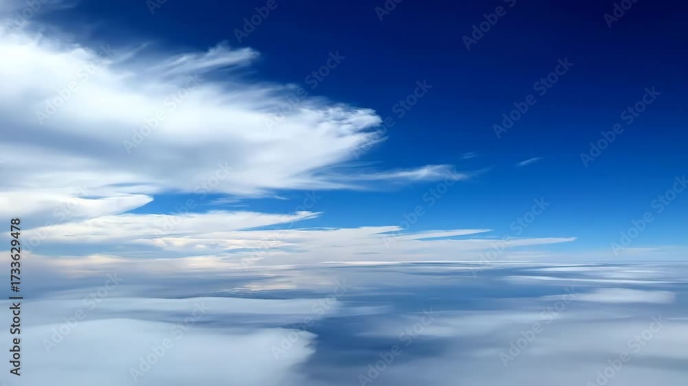 Wall mural fast-moving white clouds race across a deep blue sky, creating dynamic shadows in a time-lapse contr