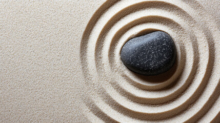 Minimalistic circle pattern drawn in sand of a Zen Japanese garden symbolizing balance harmony meditation tranquility and mindful simplicity as a serene background.