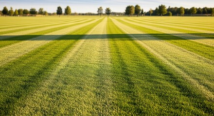 A lush green field with parallel mowed rows stretching to a tree-lined horizon, creating a serene countryside scene.