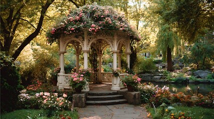 Fototapeta premium A flower-covered gazebo in a romantic park setting