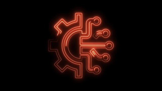 Red neon style gear and circuit board symbol isolated on black backdrop engineering concept