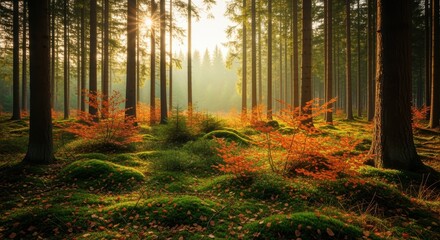 Sunlight filters through tall coniferous trees in a misty autumn forest. Orange and red foliage creates vibrant contrast against moss-covered ground and dark trunks.