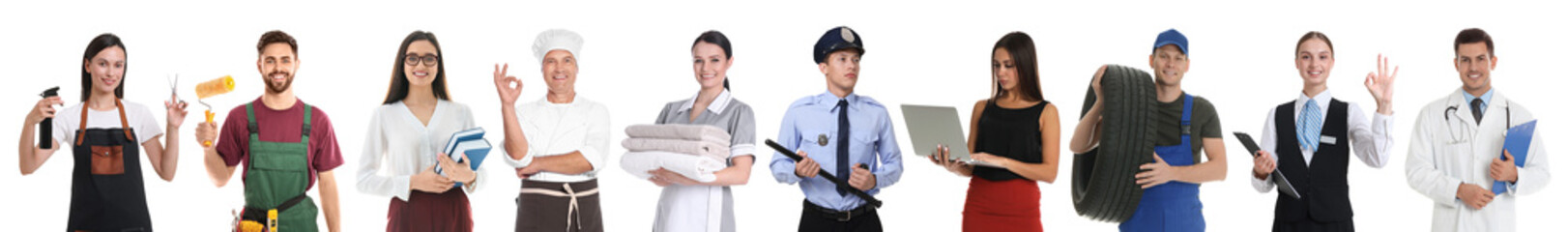 Choosing profession. People of different occupations on white background, collage of portraits