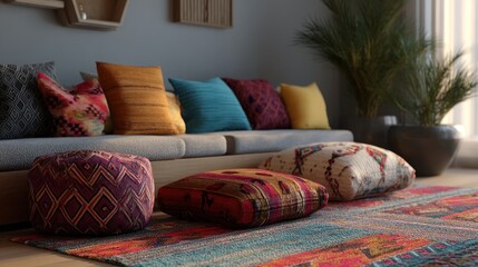 Cozy living space with a neutral toned sofa, layered with colorful pillows, & patterned rug. A potted plant sits nearby