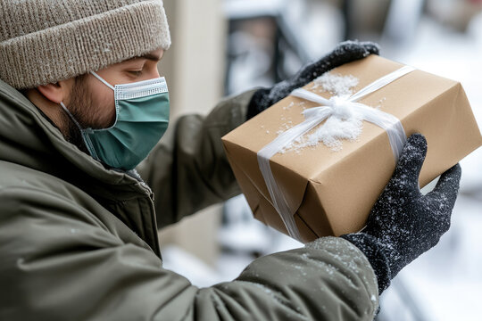Courier wearing a protective face mask and winter clothing delivering a snow-covered christmas gift during a snowy winter day, emphasizing safe and timely delivery - Powered by Adobe