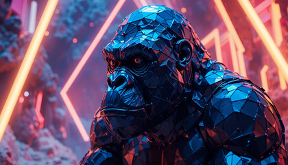 A futuristic gorilla statue with glowing eyes stands against a neon backdrop