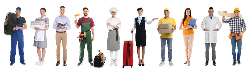 Choosing profession. People of different occupations on white background, collage of portraits
