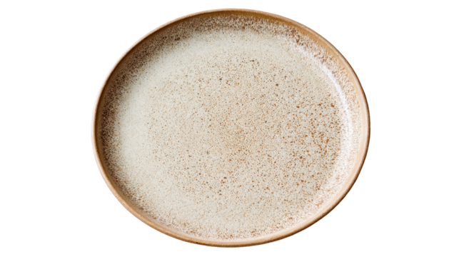 Minimalist pottery plate in soft beige tones, top view on white isolated on a Transparent background, PNG file.
