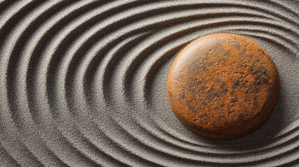 Minimalistic circle pattern drawn in sand of a Zen Japanese garden symbolizing balance harmony meditation tranquility and mindful simplicity as a serene background.