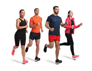 Obraz premium Sporty men and women running on white background