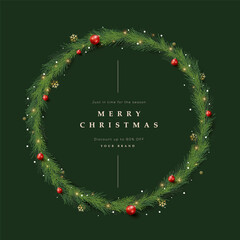 Merry Christmas and happy new year sale banner template with elegant green pine wreath red baubles and festive lights on dark green background for holiday greeting card, greetings, and promotion.
