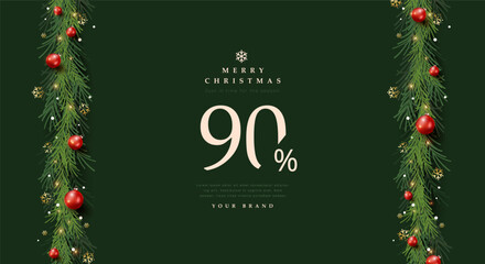 Luxury style Merry Christmas and happy new year sale banner template with elegant green pine leaves red ball ornaments and golden snowflakes on dark background.