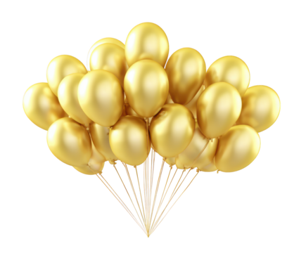 Bunch of Golden Balloons cluster isolated on a transparent background