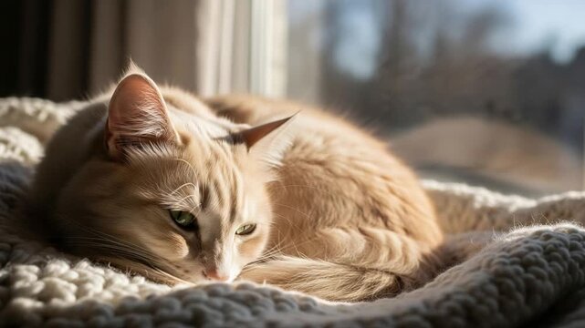 National Cat Day: A Cozy Feline Resting in Sunlight by the Window - Powered by Adobe