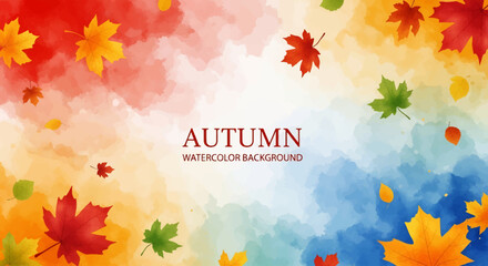 Watercolor painting of colorful autumn leaves falling on vibrant abstract background, ideal for seasonal greeting cards, posters, invitations, and fall-themed marketing designs