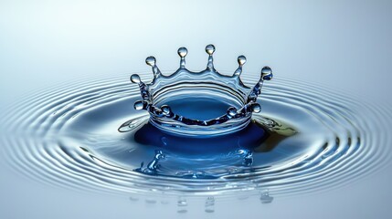 Crown droplet macro blue water splash creating perfect symmetrical formation with circular ripple patterns on clean surface professional lighting