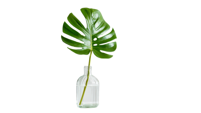 Minimalist single monstera leaf in a clear vase, isolated on a Transparent background, PNG file.