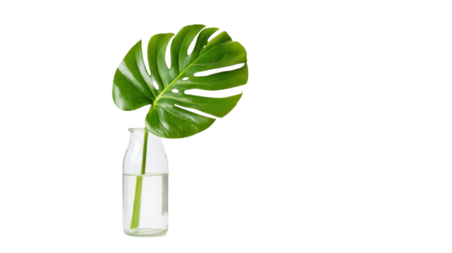 Minimalist single monstera leaf in a clear vase, isolated on a Transparent background, PNG file.