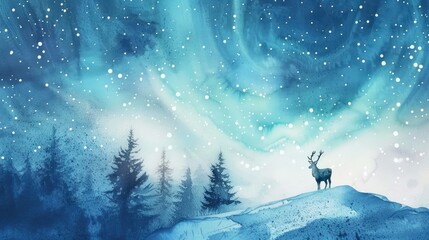 Winter night sky with deer and forest watercolor