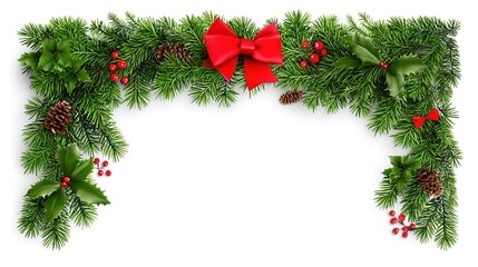Christmas green garland with red bow, on white background, copy space