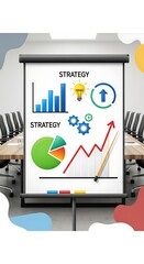 Presentation board with business strategy graphics in a meeting room.