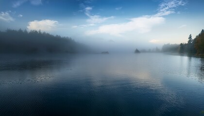 Calm And Misty Water Surface Blending Into A Foggy Overcast Sky Creating A Serene And Mysterious Atmosphere