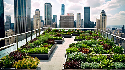 Fototapeta premium Lush rooftop garden oasis thrives amidst stunning modern cityscape, offering a vibrant urban escape filled with diverse greenery and architectural marvels.