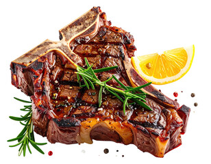 Grilled T-bone steak with lemon wedge, rosemary sprig, & peppercorns