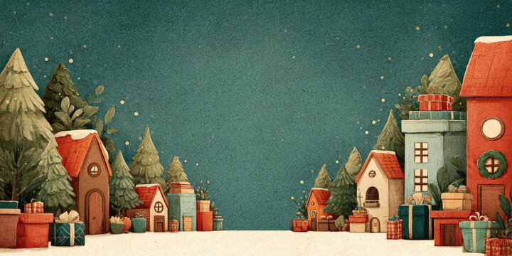 Charming winter village with gift boxes, frosted pine trees, and cozy houses against a snowy backdrop, offering an inviting space for custom holiday greetings